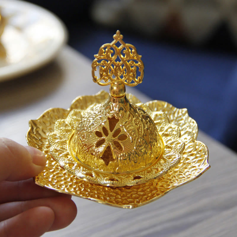 Buddha Stones Gold Leaf Coaster Spiritual Mini Alloy Metal Incense Burner