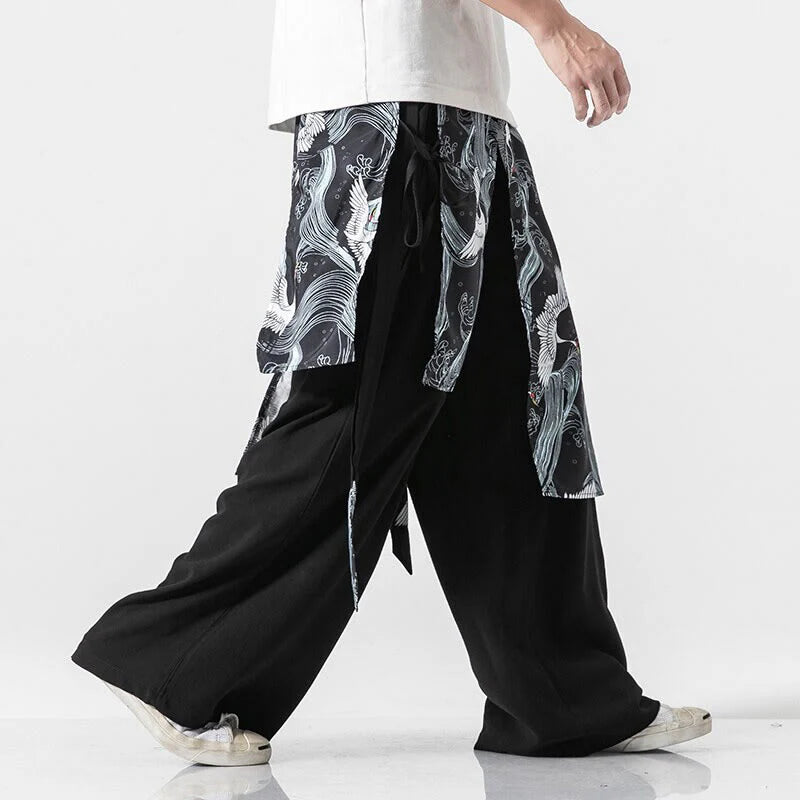 Buddha Stones Summer Flying Crane Design Cotton Men's Wide Leg Pants With Pockets
