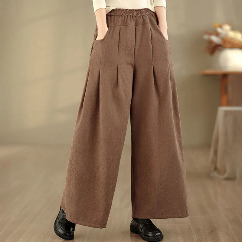 Buddha Stones Spring Plain Brown Corduroy Women's Wide Leg Pants With Pockets