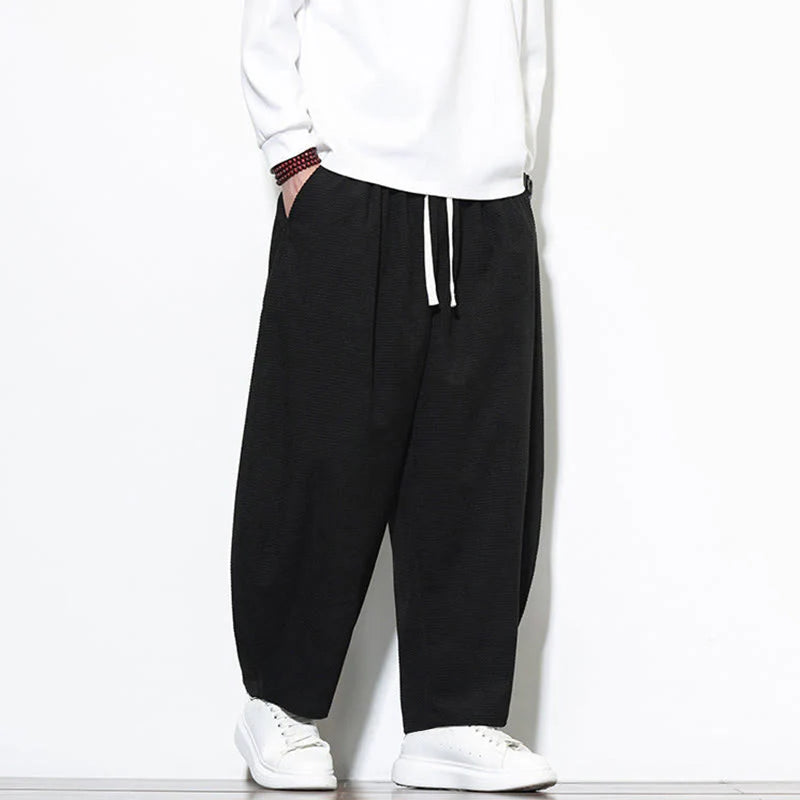 Buddha Stones Men's Plain Pure Cotton Corduroy Ankle-Length Harem Pants With Pockets
