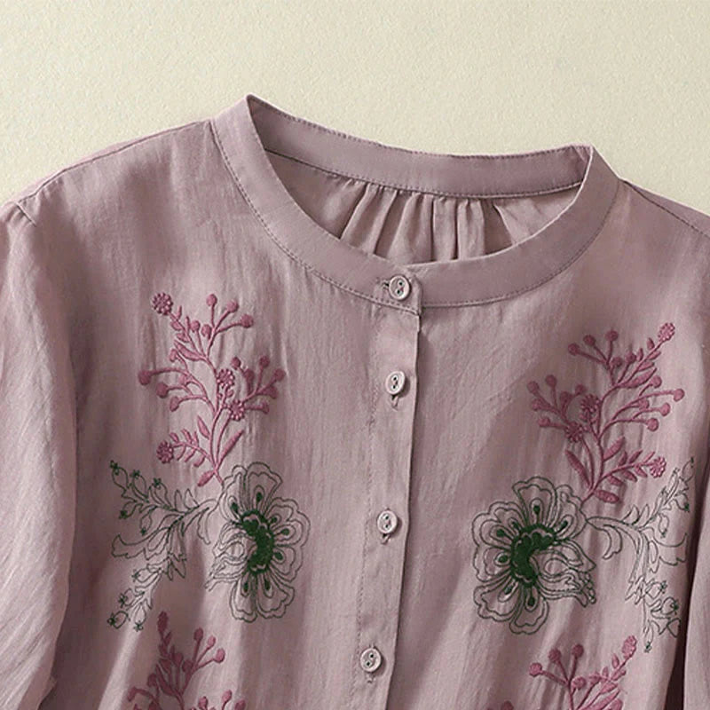 Buddha Stones Embroidery Pleated Design Stand Collar Three Quarter Sleeve Side Slit Hem Women's Cotton Shirt