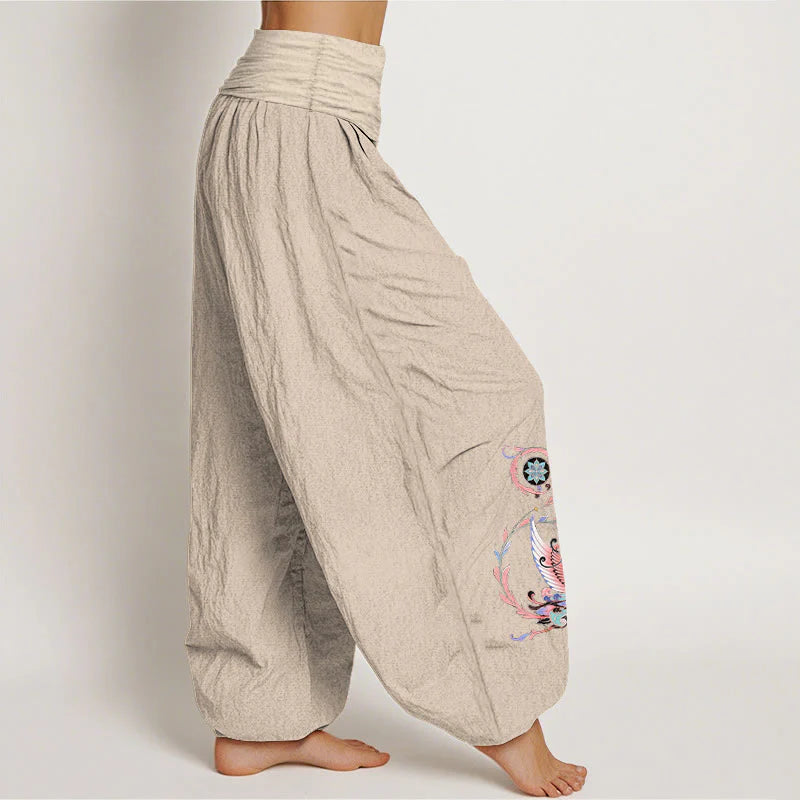 Buddha Stones Cotton Flying Dragon Phoenix Pattern Women's Elastic Waist Harem Pants