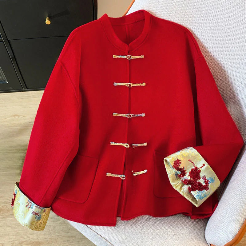 Buddha Stones Winter Embroidery Buttons Design Long Sleeve Women's Cotton Jacket With Pockets