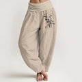 Buddha Stones Casual Bamboo Leaves Pattern Women's Elastic Waist Harem Cotton Pants