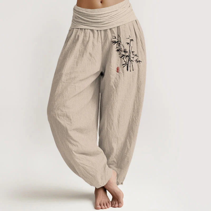 Buddha Stones Casual Bamboo Leaves Pattern Women's Elastic Waist Harem Cotton Pants