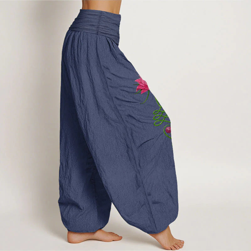 Buddha Stones Pure Cotton Strong Color Contrast Lotus Flower Pattern Women's Elastic Waist Harem Pants