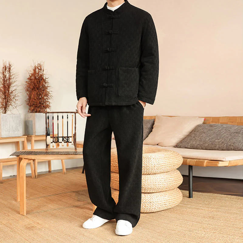 Buddha Stones 2Pcs Winter Solid Men's Tang Suit Frog-Button Cotton Long Sleeve Jacket Pants Set With Pockets