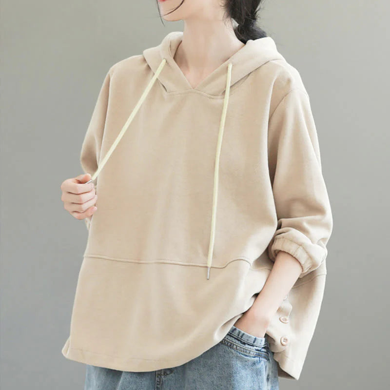 Buddha Stones Fall Solid Color Side Buttons Cotton Long Sleeve Women's Hoodie