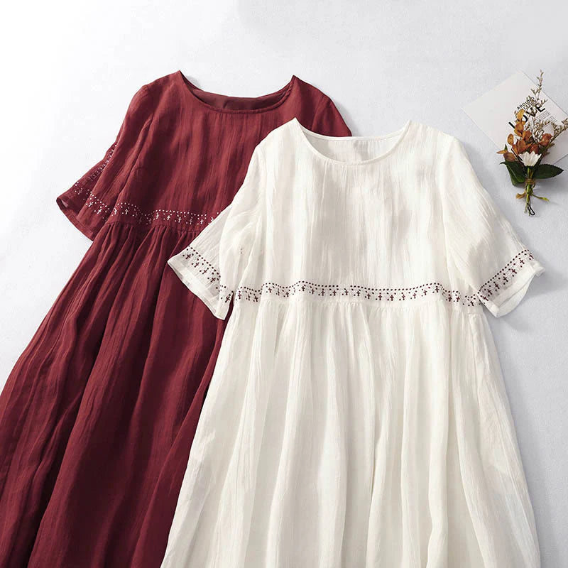 Buddha Stones Solid Color Embroidery Short Sleeve Cotton Midi Dress