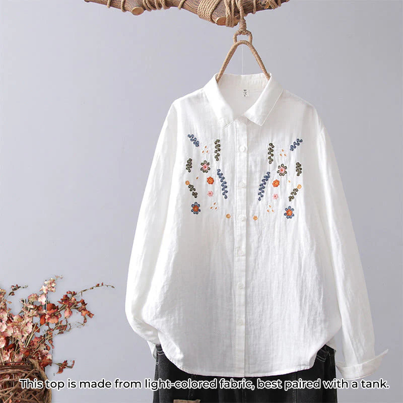 Buddha Stones Fall White Geometric Striped Flower Embroidery Button Women's Cotton Long Sleeve Shirt