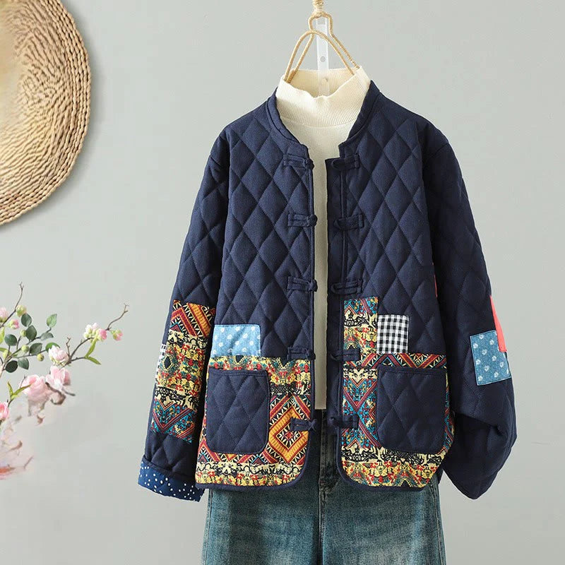 Buddha Stones Ethnic Frog-button Patchwork Women's Thickened Cotton Long Sleeve Jacket With Pockets
