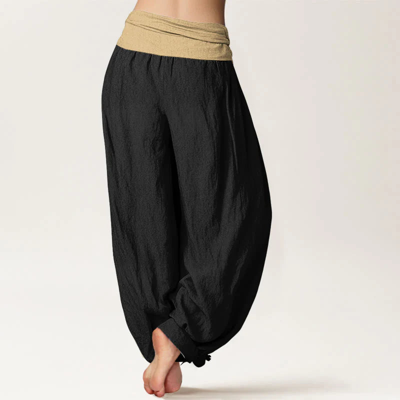 Buddha Stones Cotton Brown Blue Black Solid Color Women's Elastic Waist Harem Pants