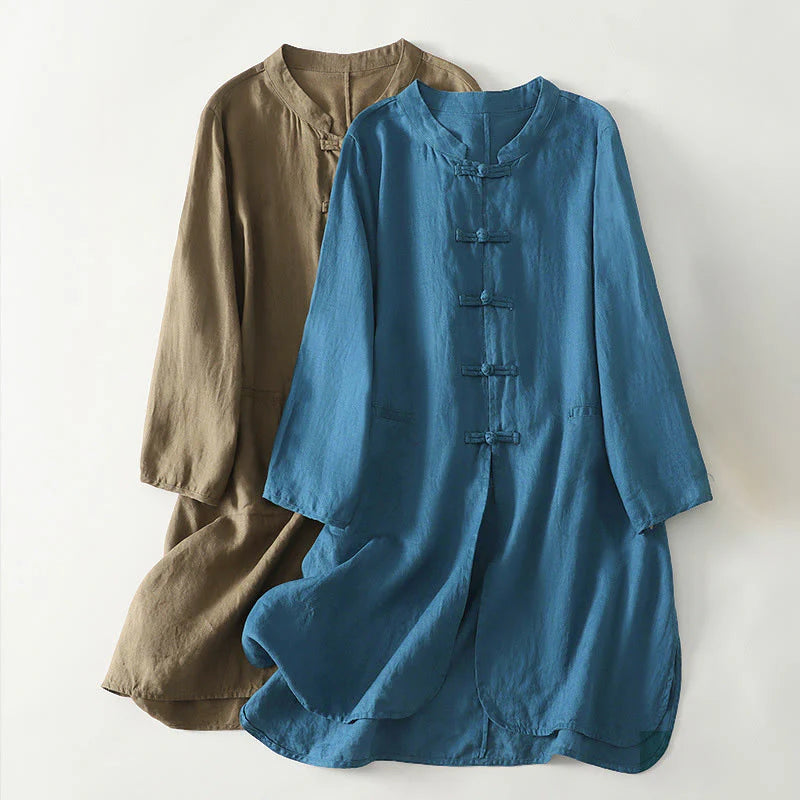Buddha Stones Fall Solid Color Frog-Button Stand Collar Three Quarter Sleeve Mid-length Women's Cotton Shirt
