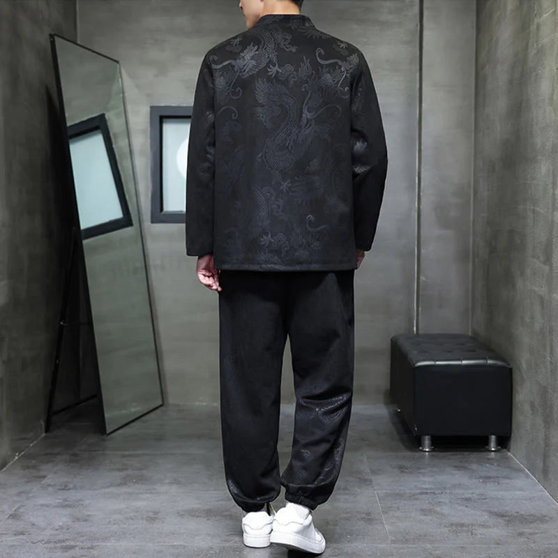 Buddha Stones 2Pcs Spring Dragon Bamboo Clouds Men's Tang Suit Frog-Button Cotton Long Sleeve Jacket Pants Set With Pockets