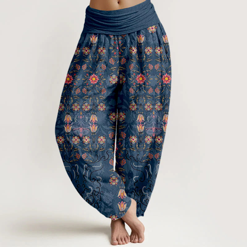 Buddha Stones Pure Cotton Blooming Multicolored Floral Women's Elastic Waist Harem Pants