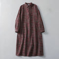 Buddha Stones Brown Printing Floral Pattern Lapel Cotton Linen Long Sleeve Midi Dress With Pockets