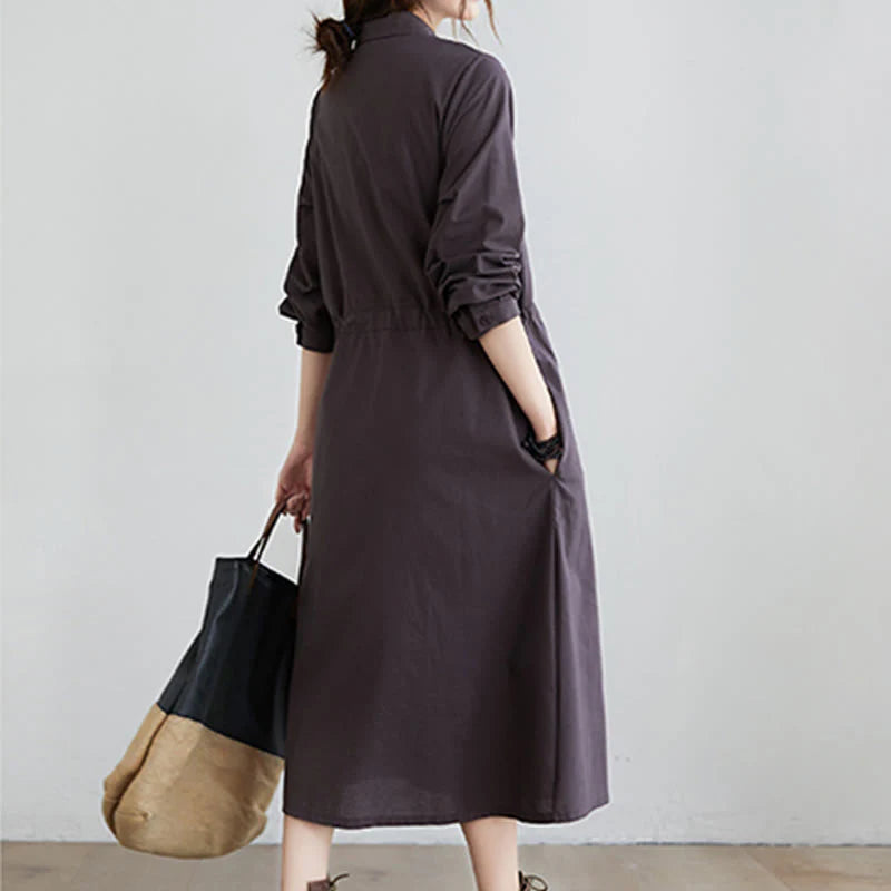 Buddha Stones Fall Solid Color Lace-Up Design Lapel Long Sleeve Cotton Midi Dress With Pockets