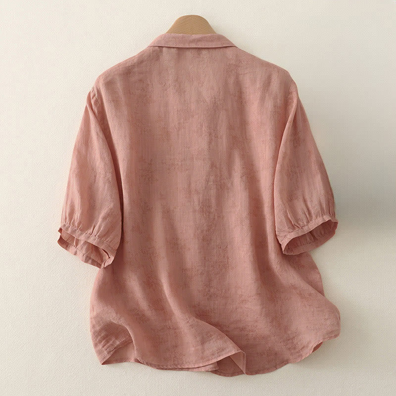 Buddha Stones Stand Collar Embroidery Button Design Three Quarter Sleeve Summer Women's Shirt