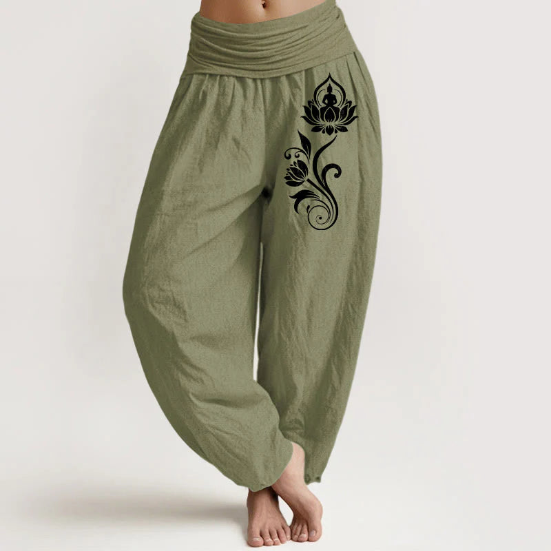 Buddha Stones Sitting Buddha Lotus Floral Pattern Elastic Waist Women's Harem Pure Cotton Pants