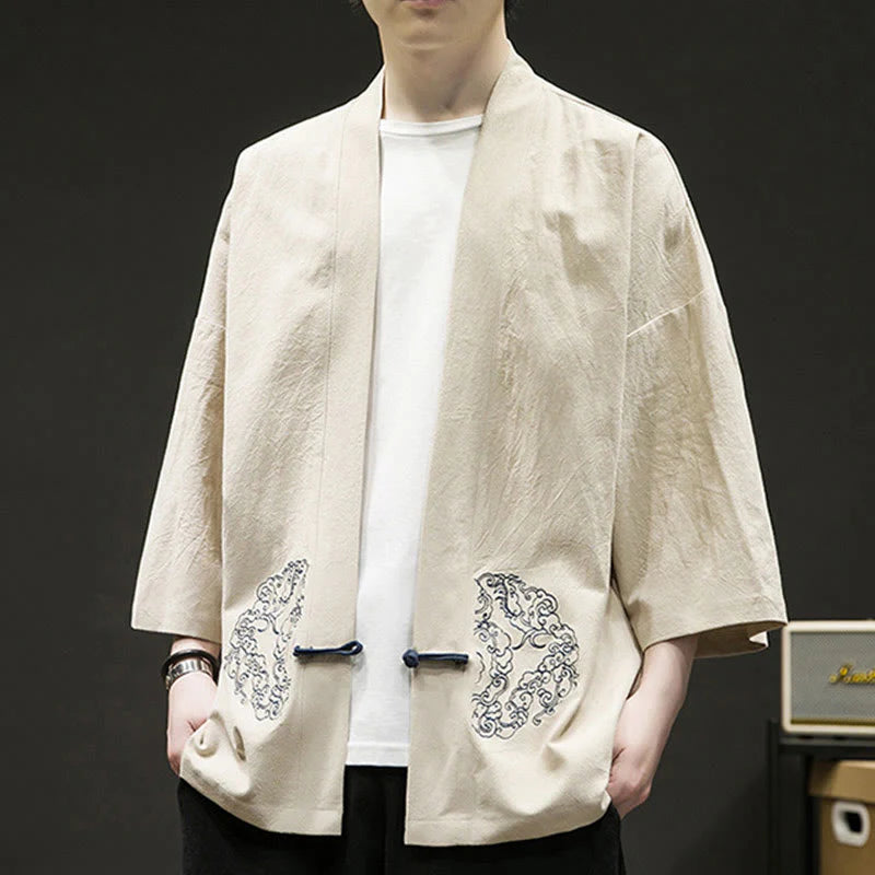 Buddha Stones Solid Auspicious Clouds Open Front Long Sleeve Jacket Men's Cotton Kimono