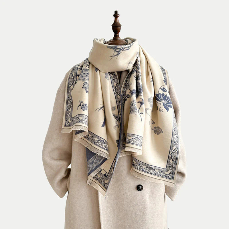 Buddha Stones Winter Birds Bamboo Leaves Vines Pattern Soft Scarf Shawl