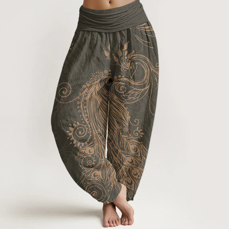 Buddha Stones Cotton Casual Peacock Design Women's Elastic Waist Harem Pants