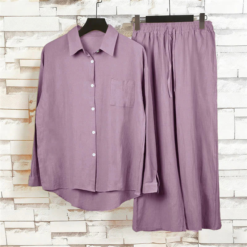 Buddha Stones 2Pcs Long Sleeve Shirt Top With Pockets Drawstring Pants Meditation Cotton Clothing Women's Set