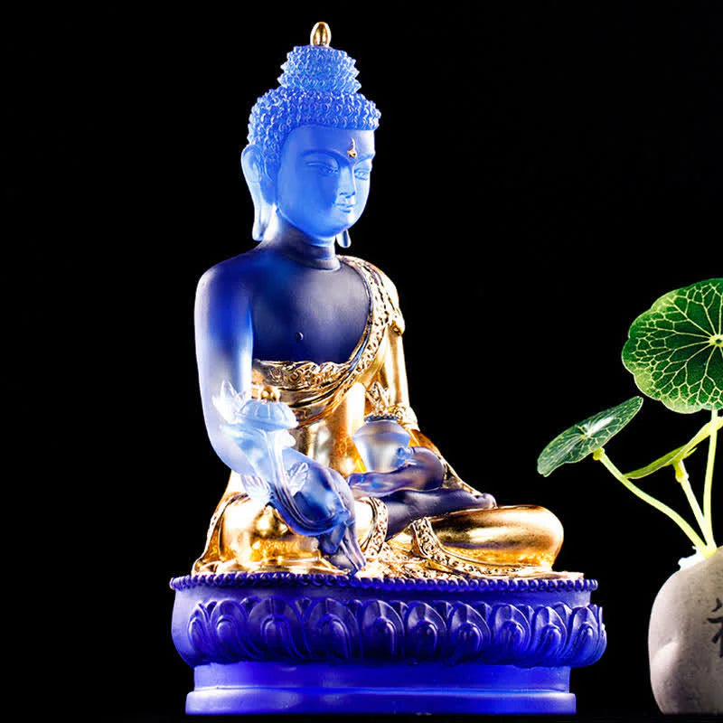 Buddha Stones Medicine Buddha Handmade Liuli Crystal Art Piece Compassion Statue Home Office Offering Decoration