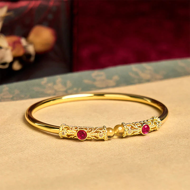 Buddha Stones Golden Flower Pattern Red Zircon Amber Copper Luck Cuff Bracelet Bangle