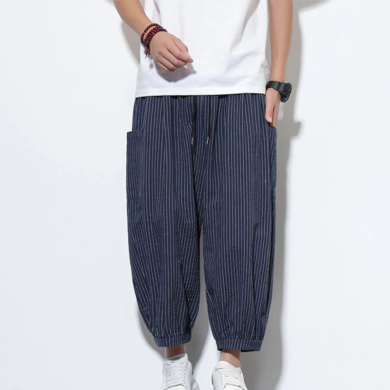 Buddha Stones Casual Striped Men's Cotton 7-8 Length Harem Pants With Pockets
