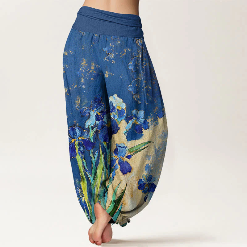Buddha Stones Irises Pattern Pure Cotton Women's Elastic Waist Harem Pants