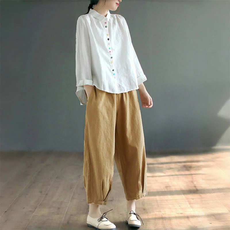 Buddha Stones Spring Embroidery Long Sleeve Colorful Button Label Cotton Linen Women's Shirt