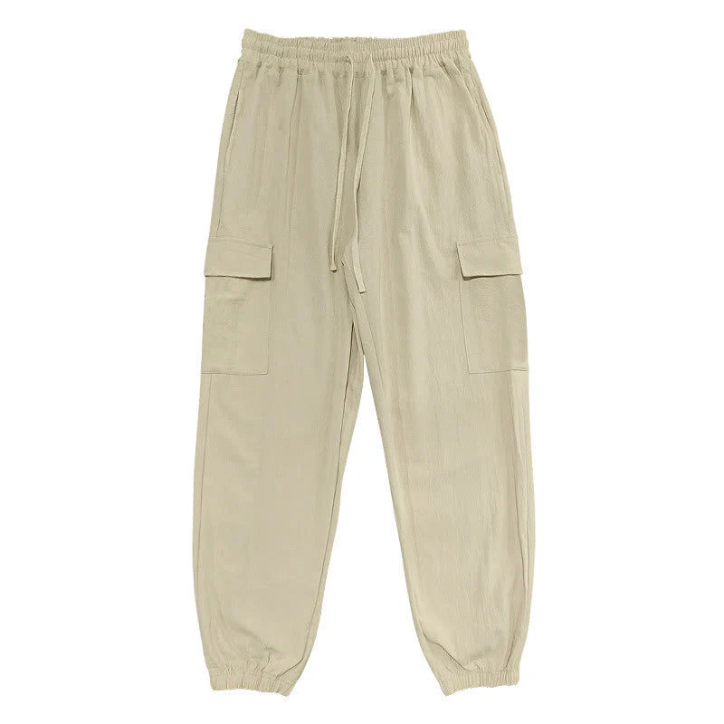 Buddha Stones Solid Color Linen Drawstring Men's Cargo Pants With Pockets