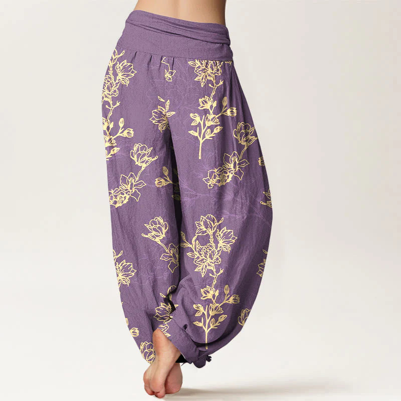 Buddha Stones Cotton Simple Flower Bud Pattern Women's Elastic Waist Harem Pants