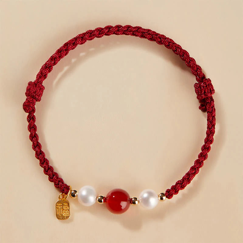 Buddha Stones 925 Sterling Silver Good Fortune Fu Character Agate Pearl Red String Braid Bracelet (Extra 30% Off | USE CODE: FS30)