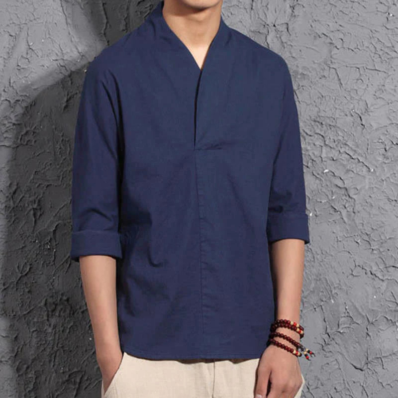 Buddha Stones Casual V-Neck Three Quarter Sleeve Shirt Men Clothing