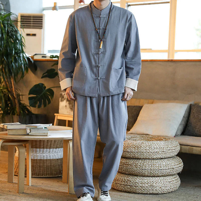 Buddha Stones 2Pcs Zen Tang Suit Men's Frog-Button Long Sleeve Shirt Pants Set With Pockets