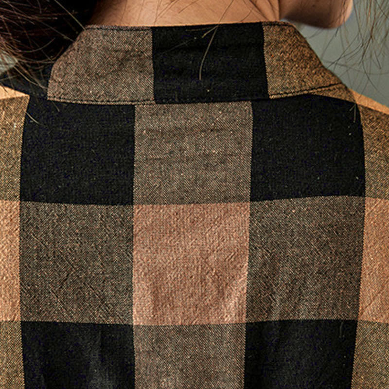 Buddha Stones Commute Patchwork Color Plaid Long Sleeve Cotton Midi Dress