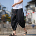 Buddha Stones Summer Character Embroidery Design Drawstring Men's 7-8 Length Pants With Pockets