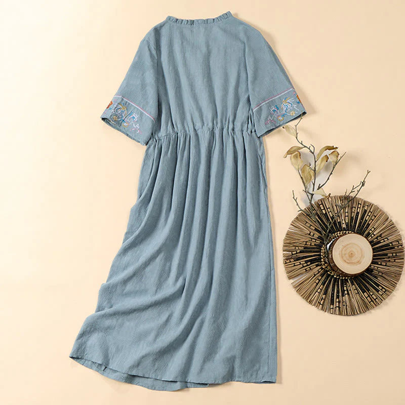 Buddha Stones Summer V-Neck Floral Embroidery Design Short Sleeve Cotton Midi Dress With Pockets
