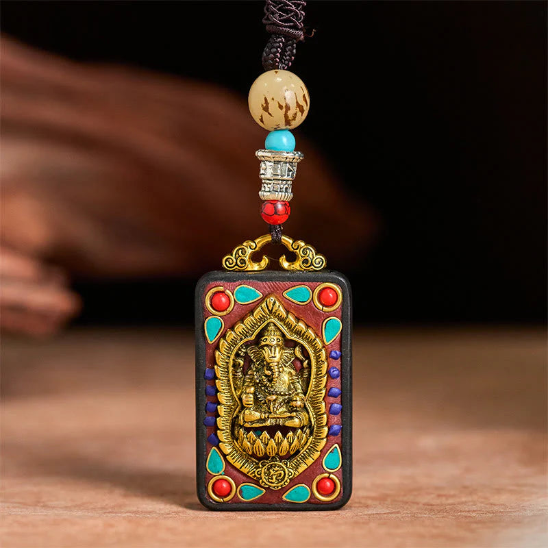 Buddha Stones Tibetan Ganesh Ganpati Elephant Ebony Wood Rope Peace Necklace Pendant