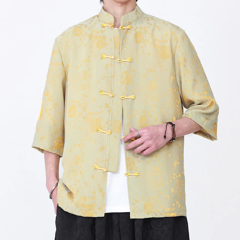 Buddha Stones Summer Vintage Elegant Mandarin Collar Gold Cloud Pattern Elbow Sleeve Men's Shirt