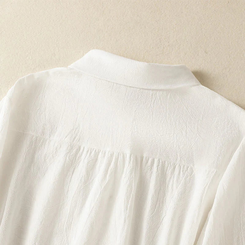 Buddha Stones Women's Spring Retro Plain Simple Embroidery Design Long Sleeve Cotton Shirt With Pocket