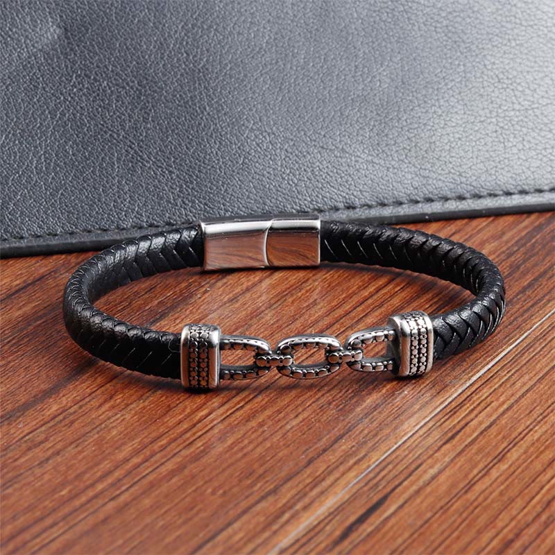 Buddha Stones Handmade Chain Link Design Titanium Steel Leather Strengthen Bracelet