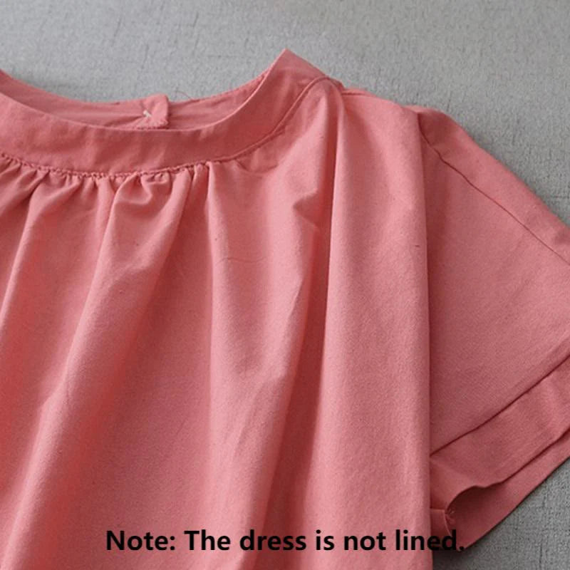 Buddha Stones Casual Pure Color Back Buttons Design Crew Neck Short Sleeve Cotton Linen Midi Dress With Pockets