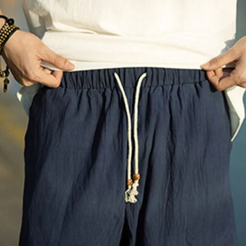 Buddha Stones Summer Plain Pleat Design Drawstring Men's 7-8 Length Cotton Linen Pants With Pockets