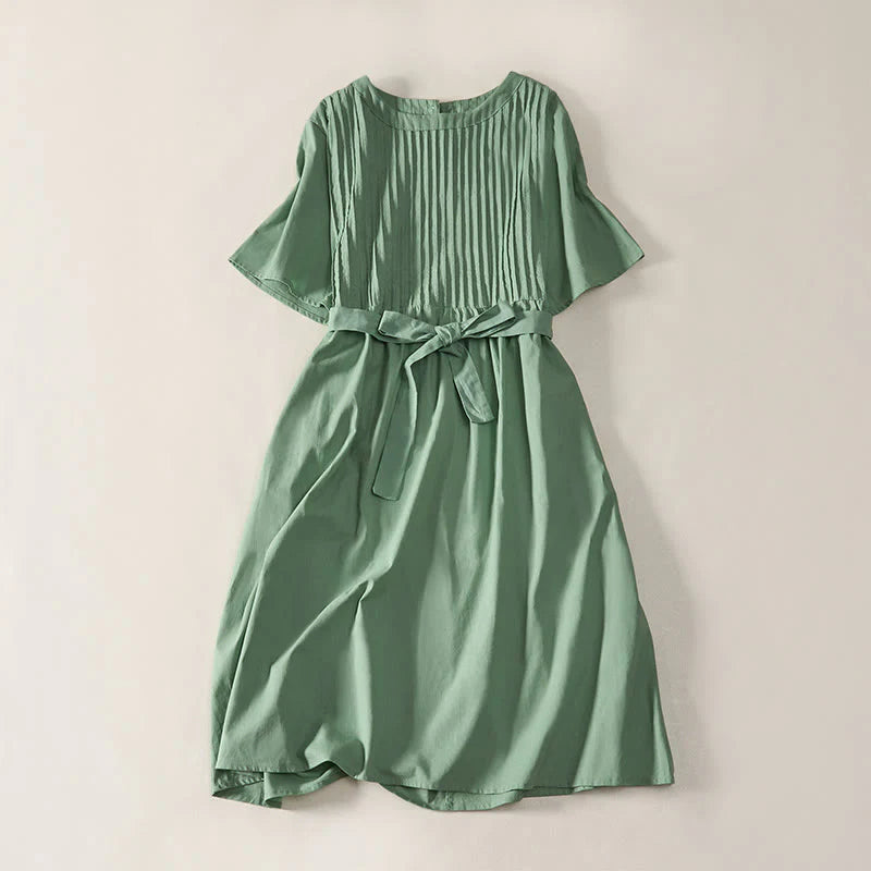 Buddha Stones Summer Pintuck A Line Knee Length Women's Short Sleeve Dress With Tie Waist Bow