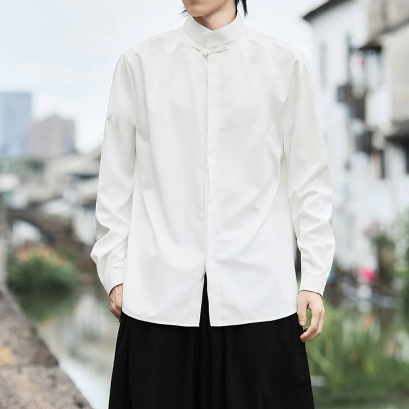 Buddha Stones Solid Color One Frog-Button Long Sleeve Cotton Men's Shirt