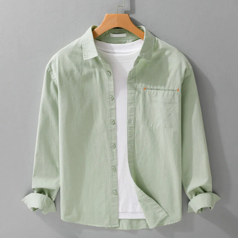 Buddha Stones Spring Solid Buttons Down Decorative Pocket Men's Stand Collar Long Sleeve Cotton Shirt