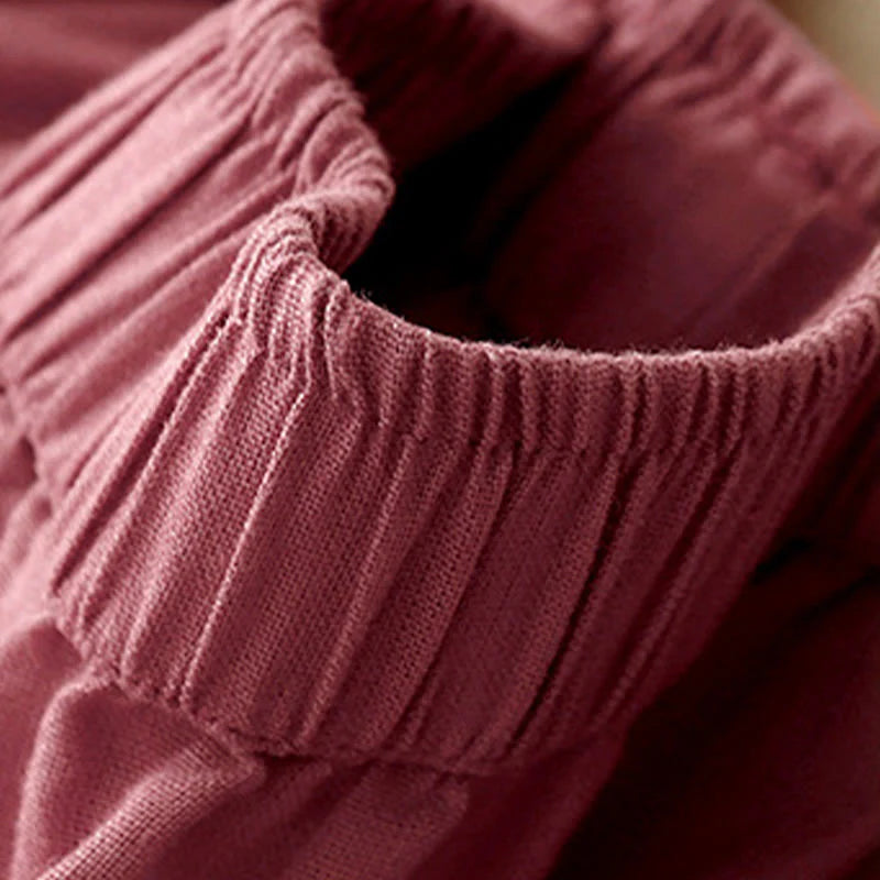 Buddha Stones Plain Color Lace Stitching Cotton Linen Women's Wide Leg Pants With Pockets